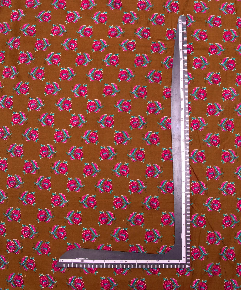 Khaki Brown Floral Printed Cotton Fabric
