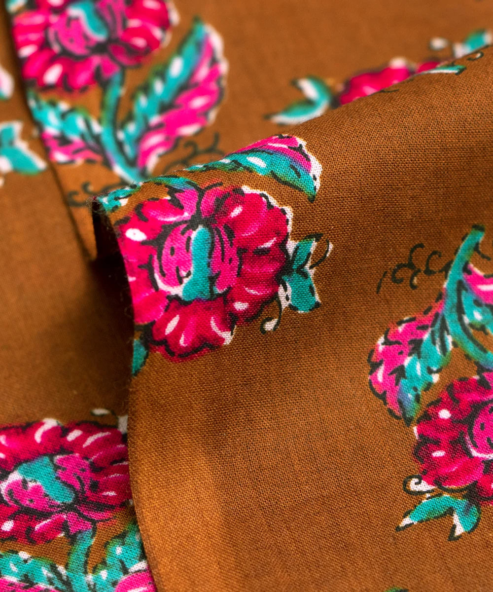 Khaki Brown Floral Printed Cotton Fabric