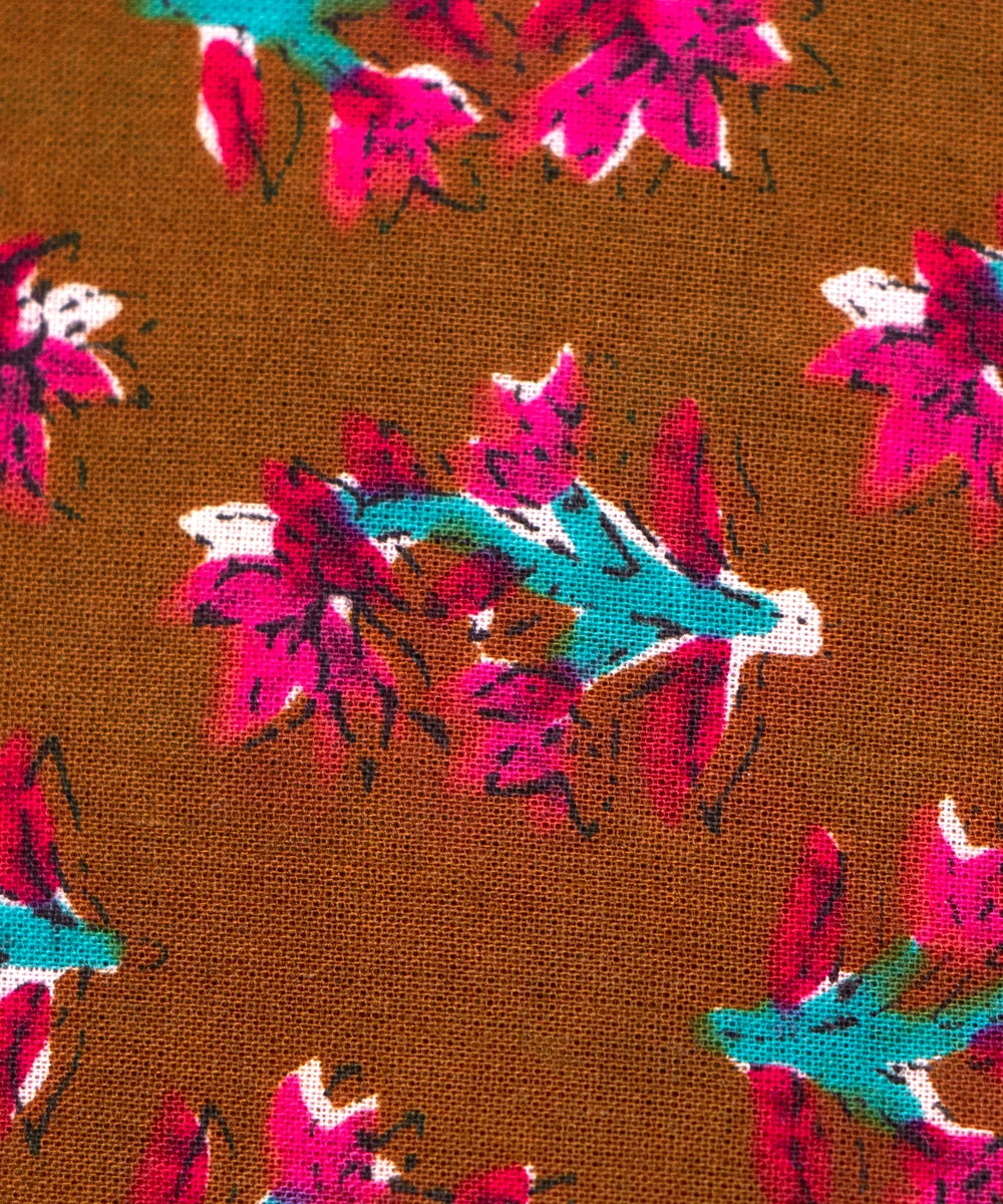 Khaki Brown Floral Printed Cotton Fabric