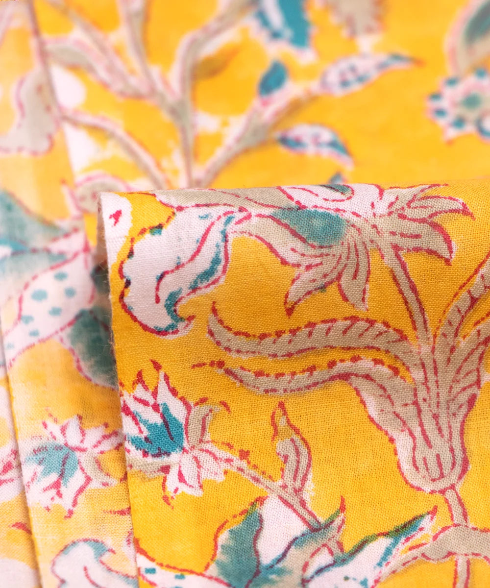 Yellow Floral Hand Block Printed Fabric