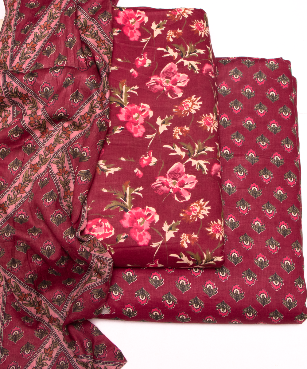 Light Wine Floral Print Cotton Suit