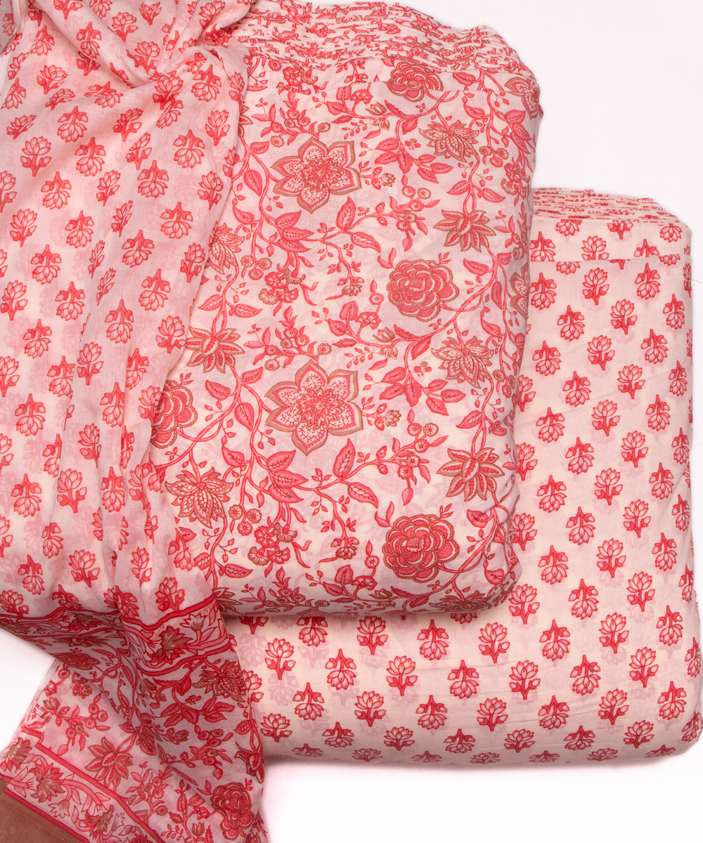 Off White Floral Print Cotton Suit