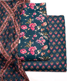 Teal Blue Floral Print Cotton Suit
