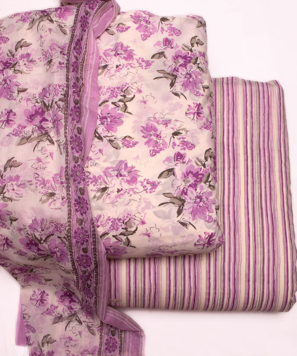 Off White Floral Print Cotton Suit