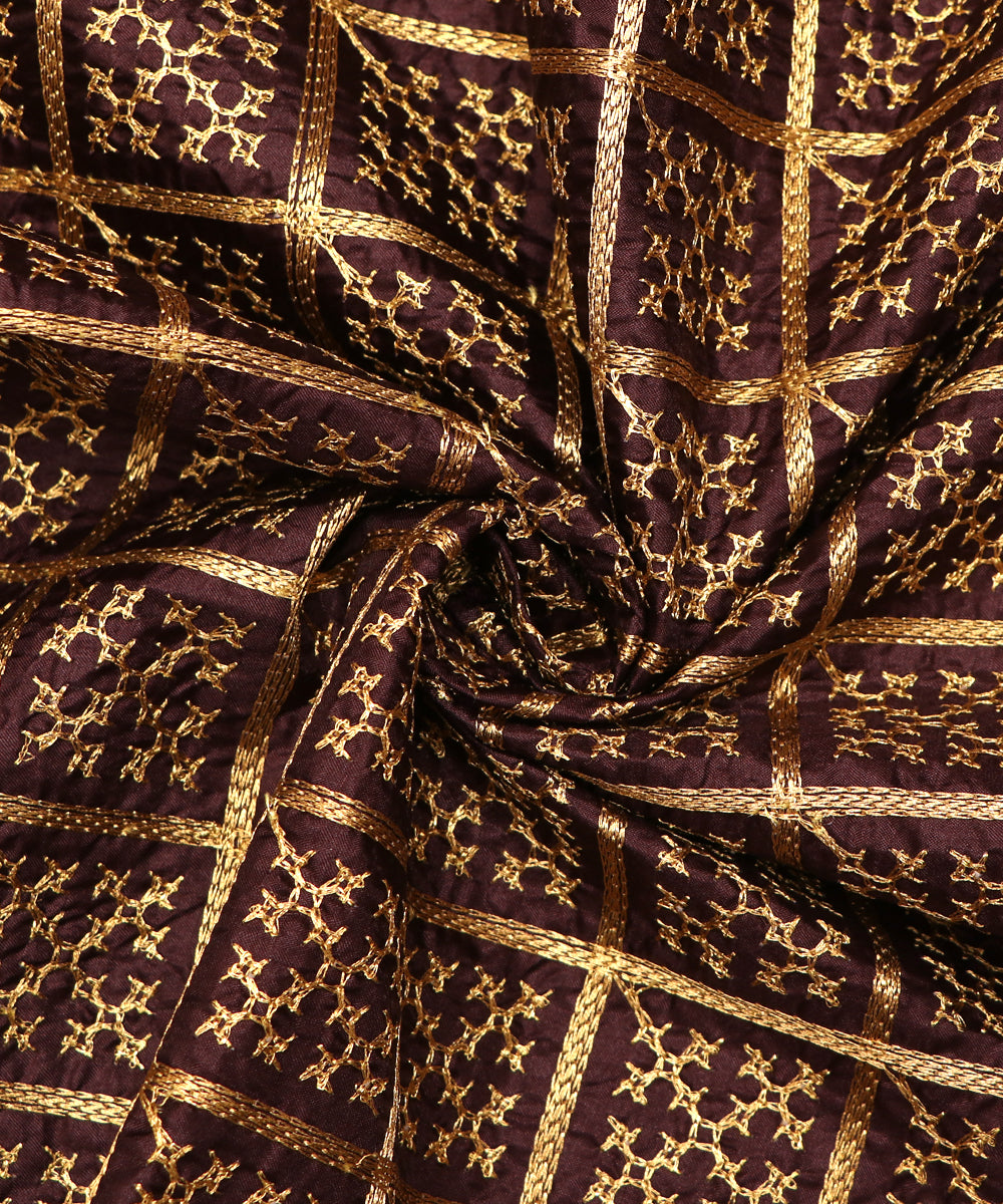 Brown Colour  Golden Embroidery Paper Silk Fabric ( 2 Meter )