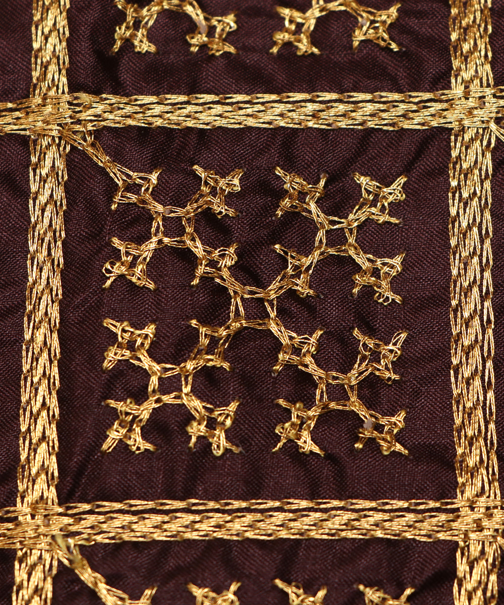 Brown Colour  Golden Embroidery Paper Silk Fabric ( 2 Meter )