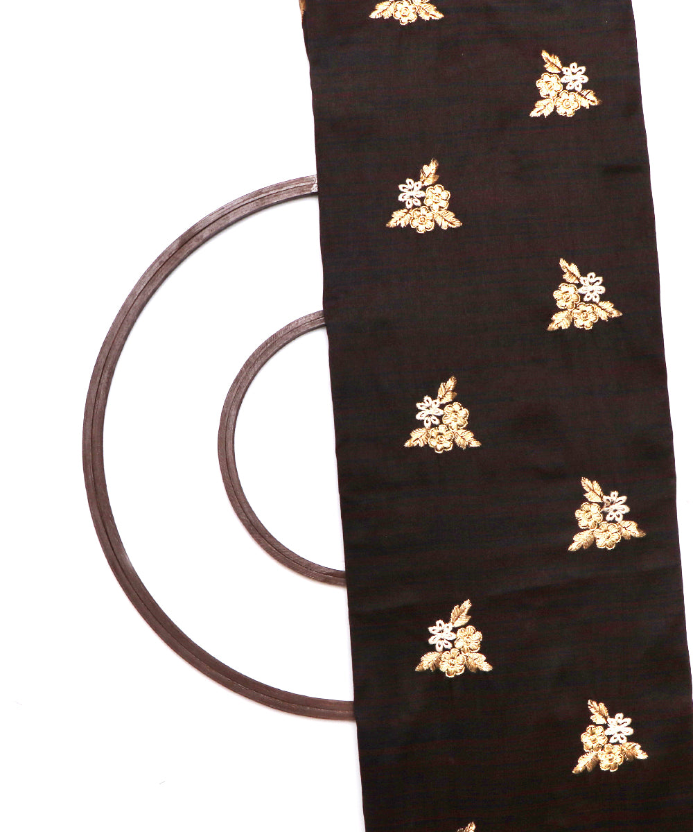 Black Maroon Zari Embroidery Malbari Raw Silk Fabric ( 1.20 )