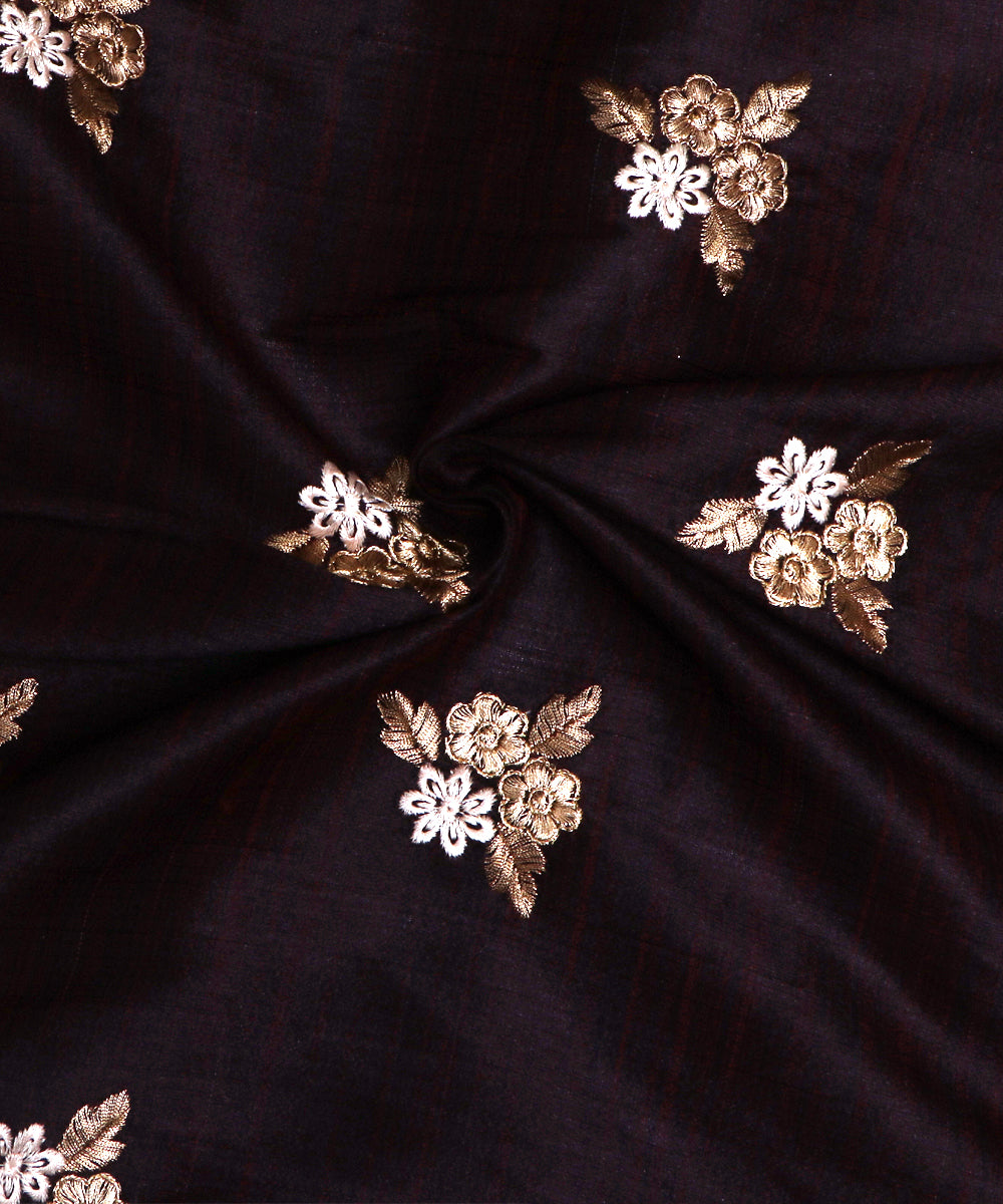 Black Maroon Zari Embroidery Malbari Raw Silk Fabric ( 1.20 )