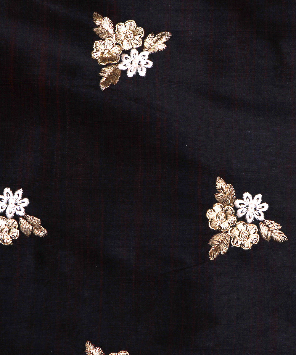 Black Maroon Zari Embroidery Malbari Raw Silk Fabric ( 1.20 )