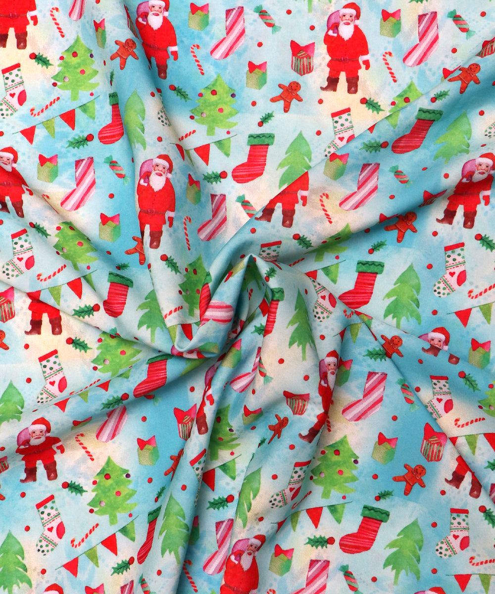 Aqua Green Colour Kids Print Crepe Fabric ( 2 Meter)