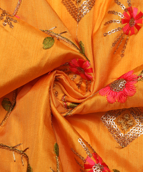 Yellow Colour Floral Design Silk Embroidery Fabric ( 1.50 Meter )