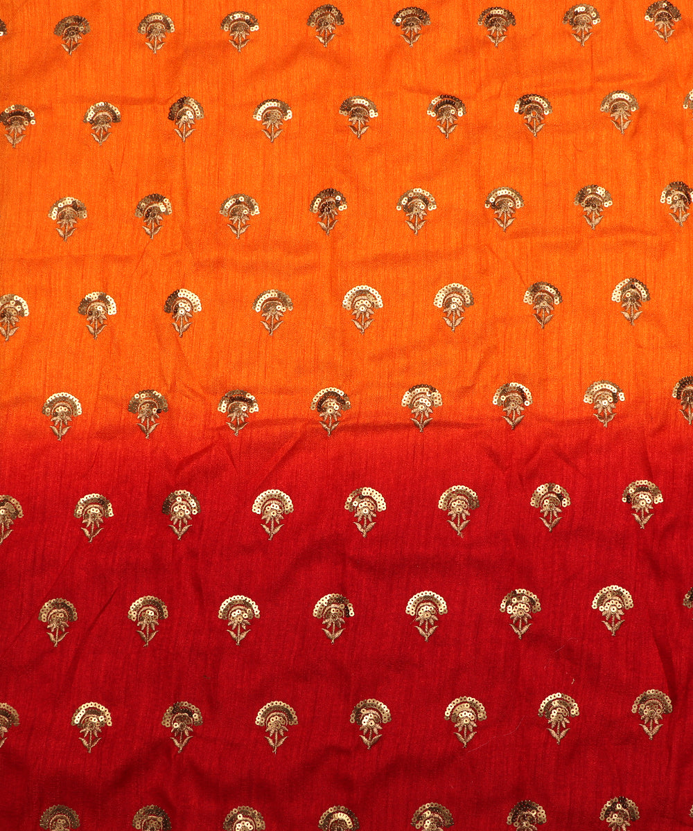 Orange colour Golden Sequin Embroidery Two-Tone Malbari Silk Fabric ( 1 Meter )
