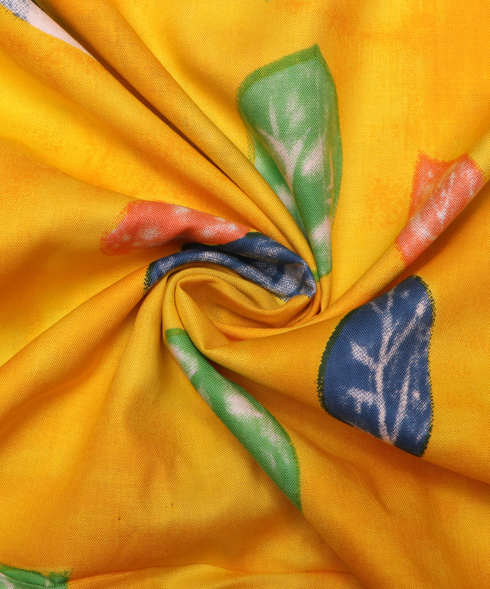 Yellow Colour Leaf Print Rayon Fabric (2.50 Meter)