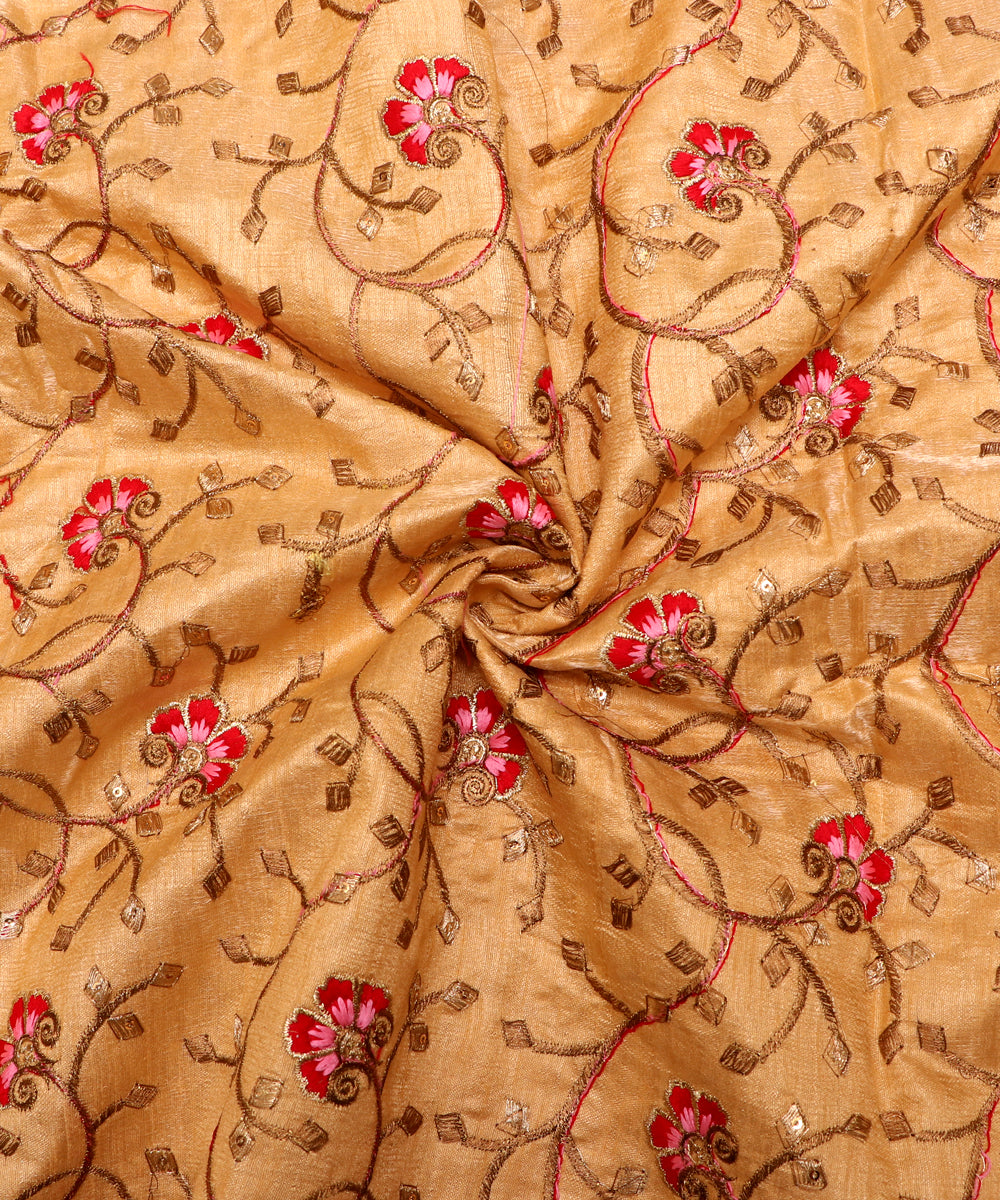 Beige Colour Zari Floral Embroidery Bamboo Silk Fabric ( 1.50 Meter )