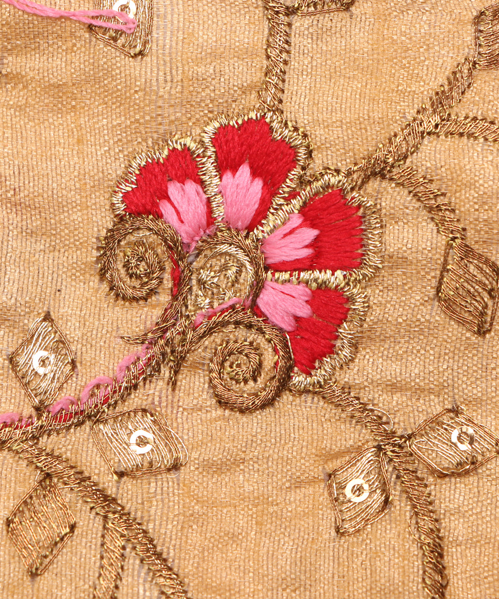 Beige Colour Zari Floral Embroidery Bamboo Silk Fabric ( 1.50 Meter )