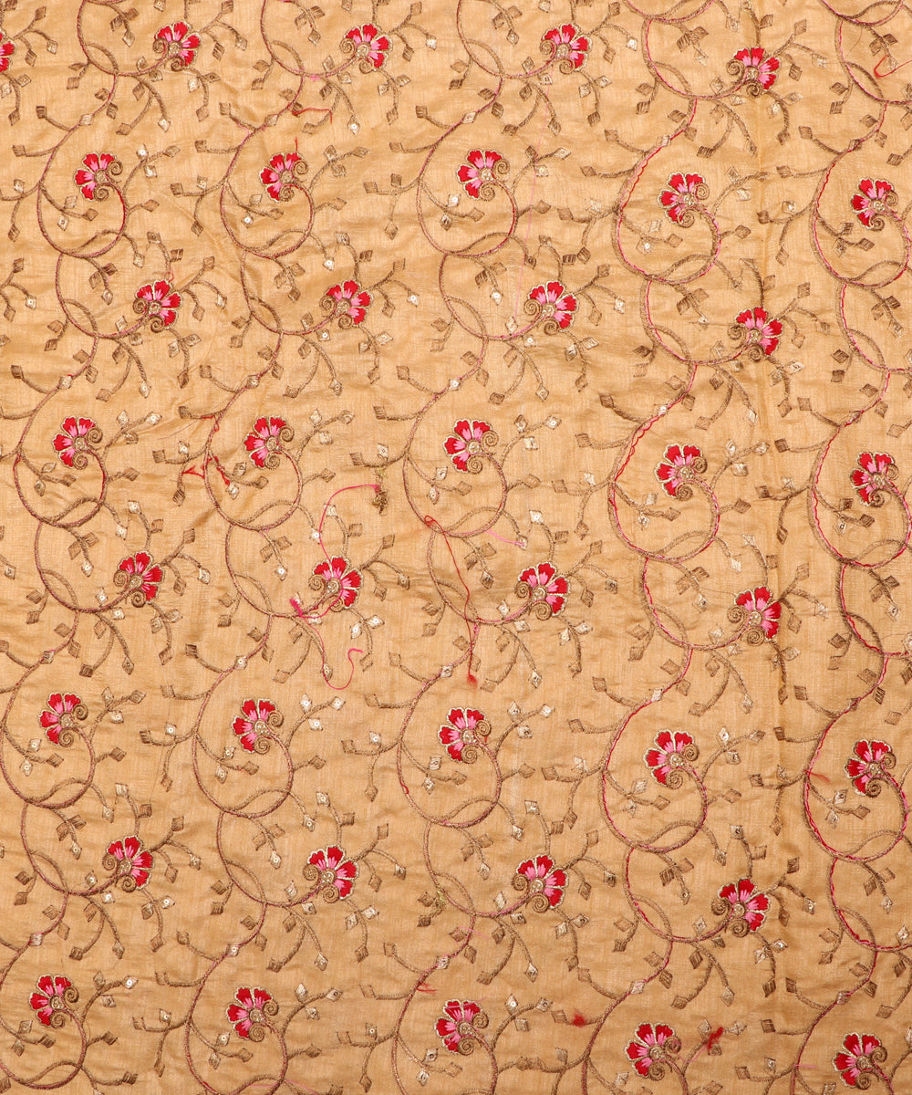 Beige Colour Zari Floral Embroidery Bamboo Silk Fabric ( 1.50 Meter )