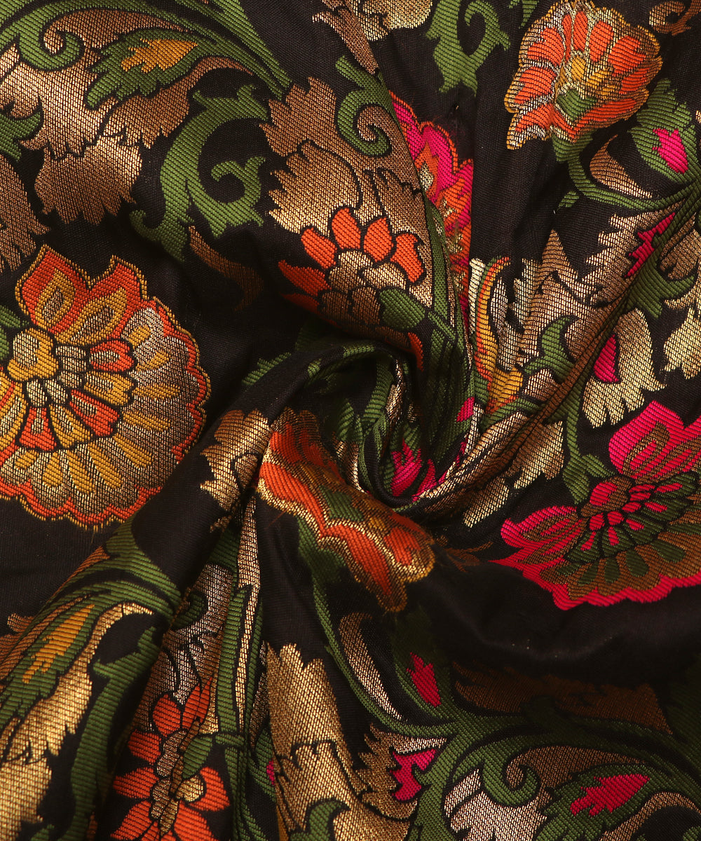 Black Colour Floral Design Banarasi Brocade Silk Fabric ( 1 Meter )