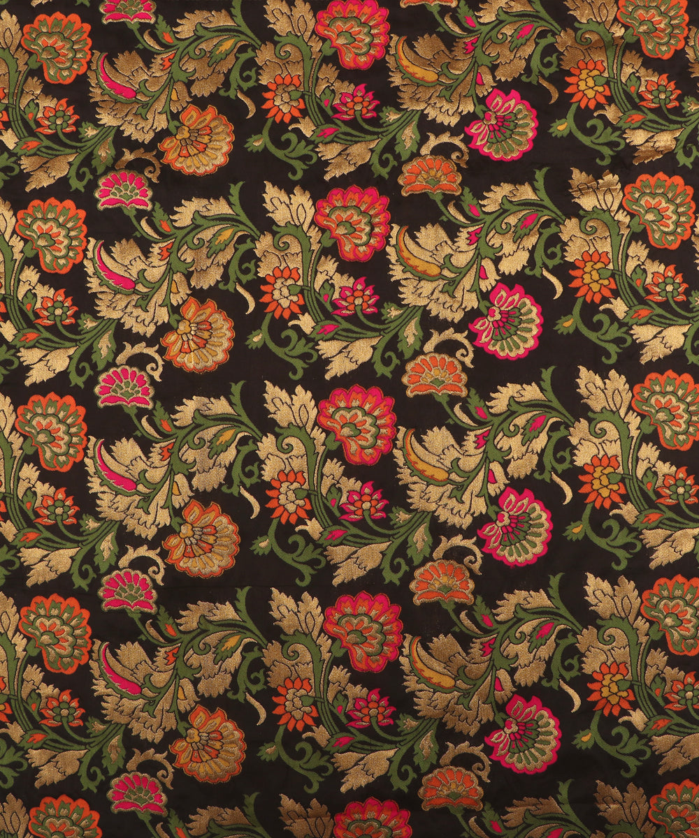 Black Colour Floral Design Banarasi Brocade Silk Fabric ( 1 Meter )