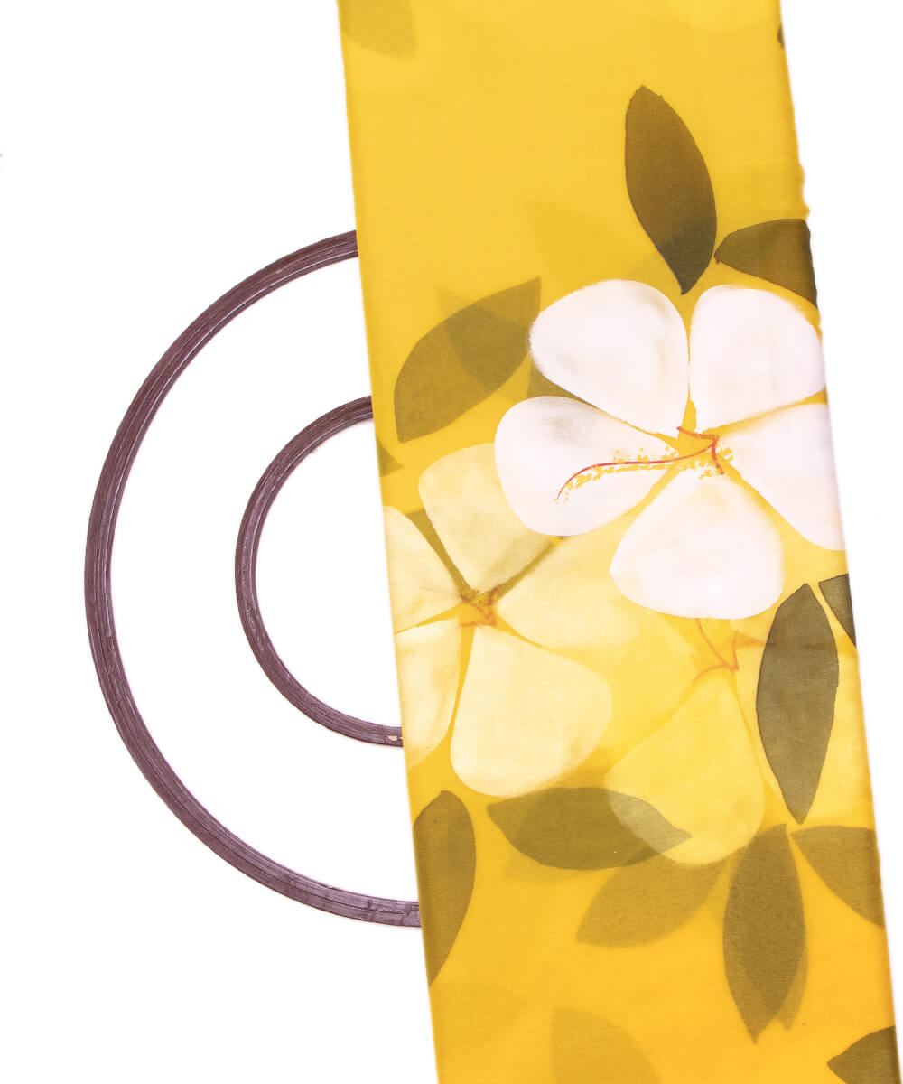 Yellow Colour Floral Pattern Hand Paint Organza  Fabric