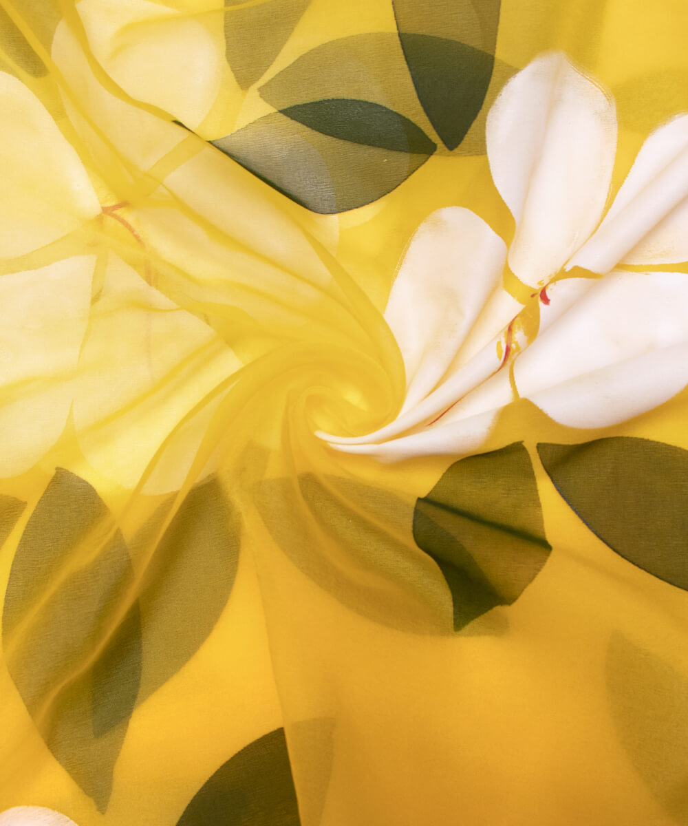 Yellow Colour Floral Pattern Hand Paint Organza  Fabric