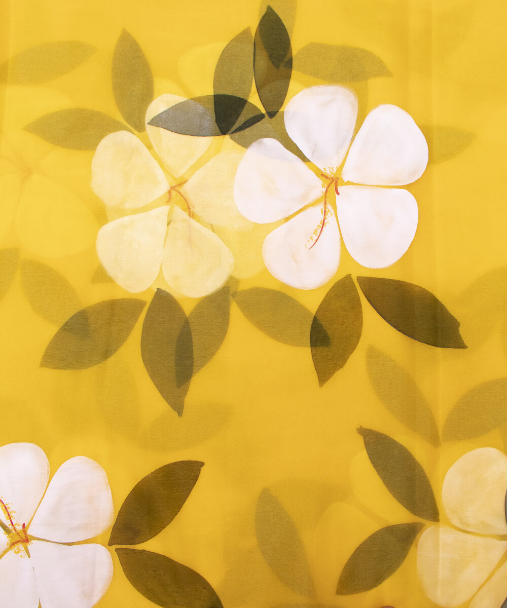 Yellow Colour Floral Pattern Hand Paint Organza  Fabric
