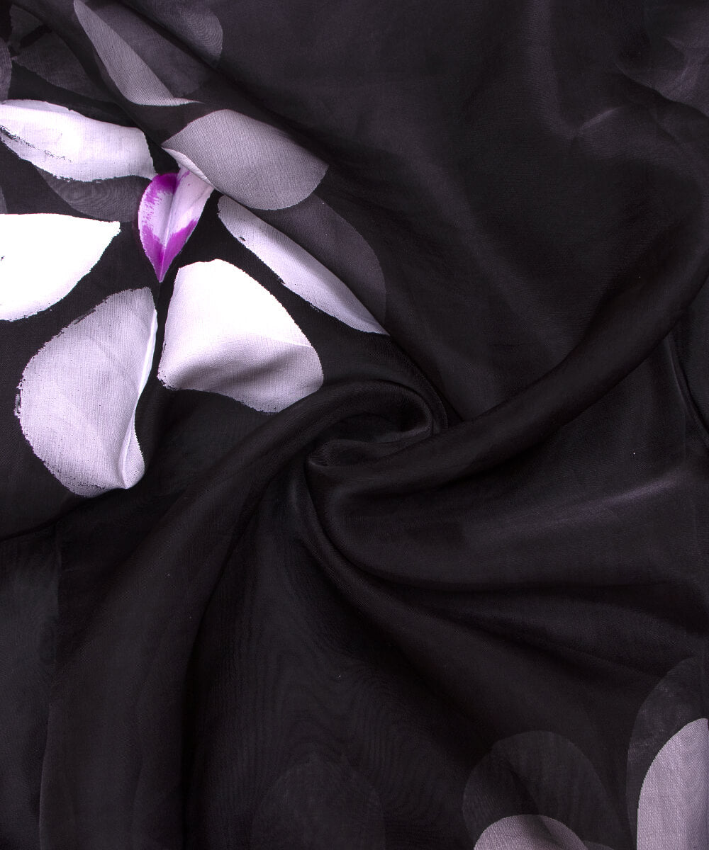 Black Colour Floral Pattern Hand Paint Organza  Fabric