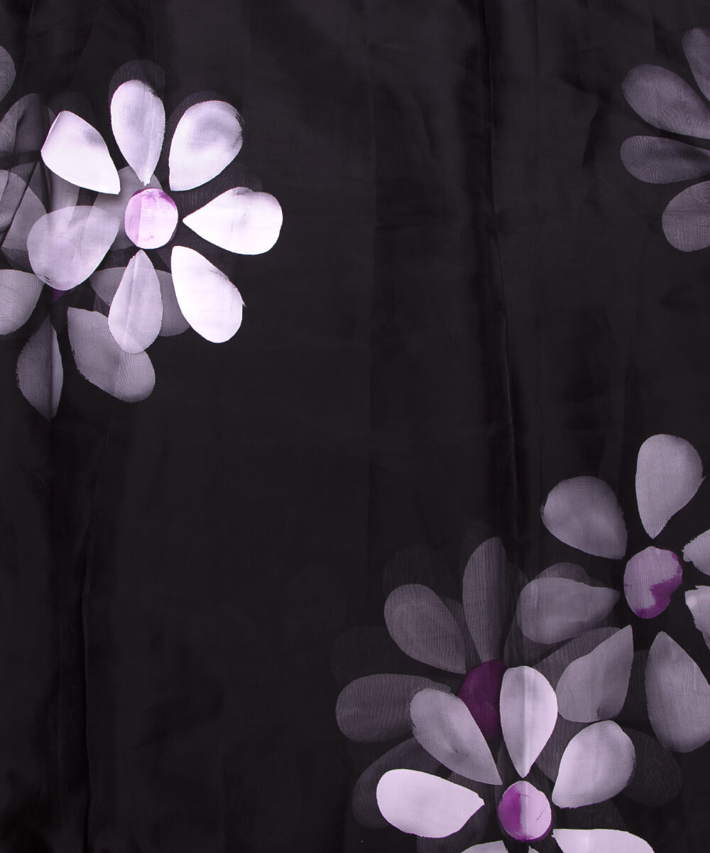 Black Colour Floral Pattern Hand Paint Organza  Fabric
