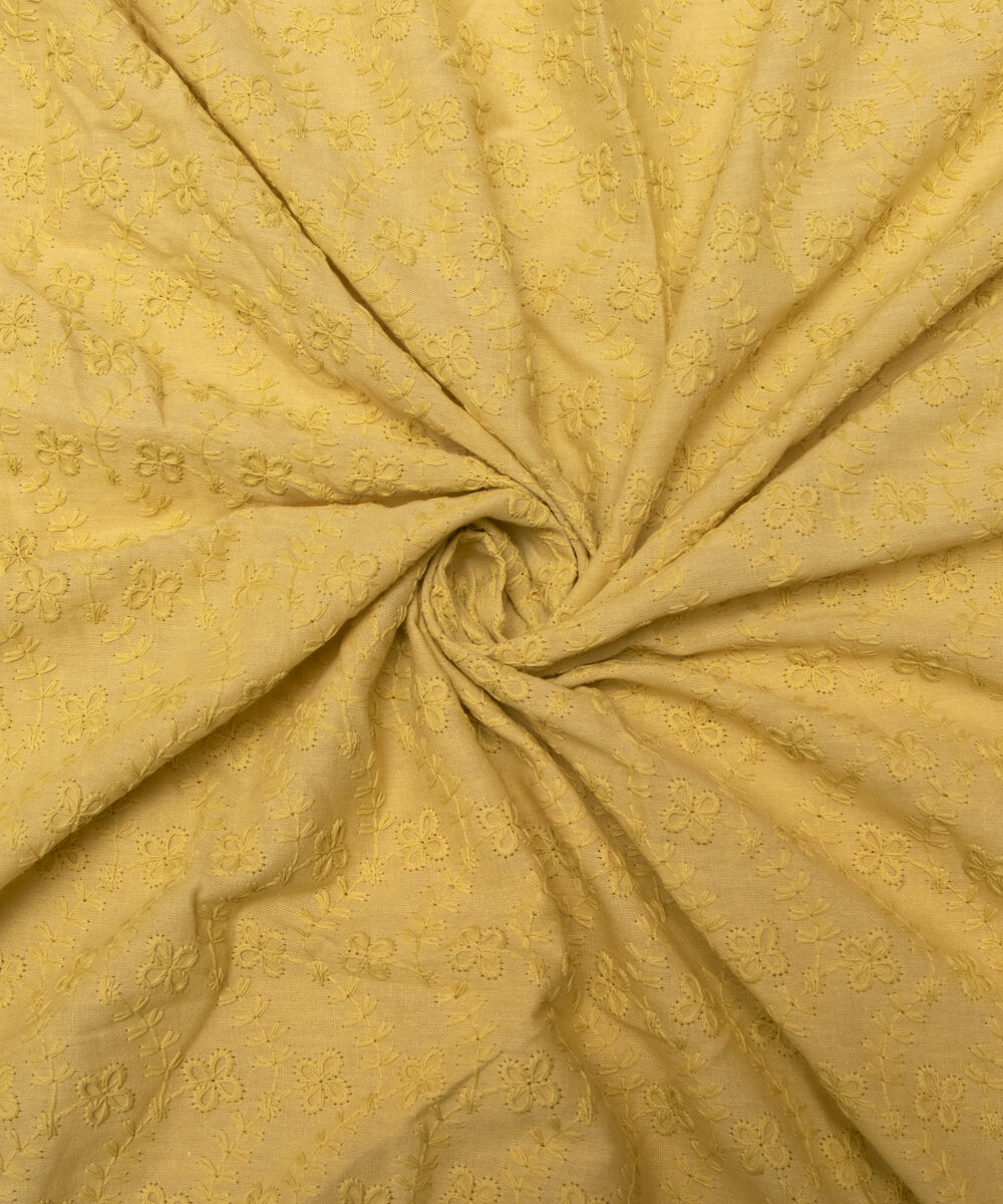 Yellow Colour Floral Pattern Cotton ChikanKari Embroidery Fabric