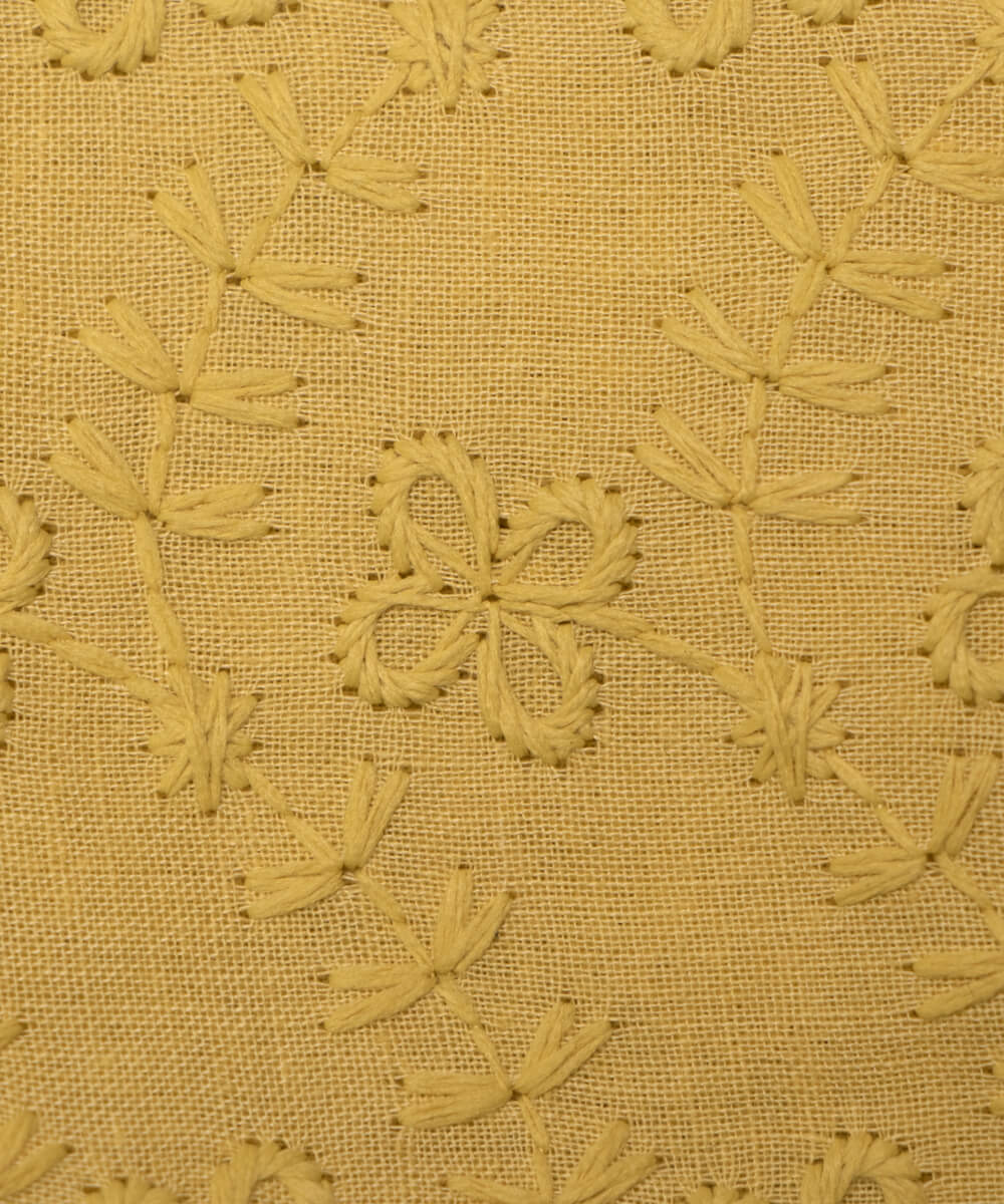 Yellow Colour Floral Pattern Cotton ChikanKari Embroidery Fabric
