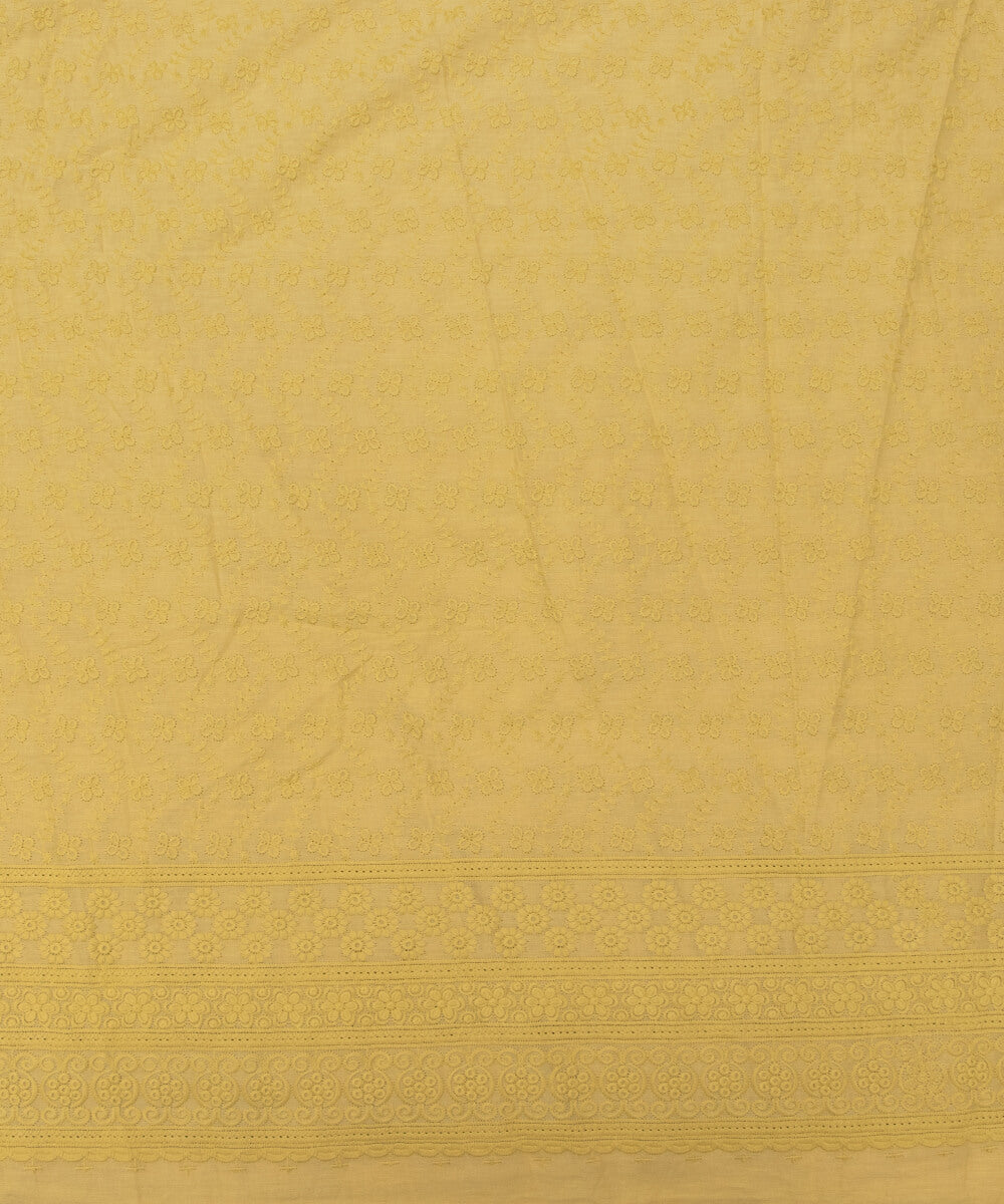 Yellow Colour Floral Pattern Cotton ChikanKari Embroidery Fabric
