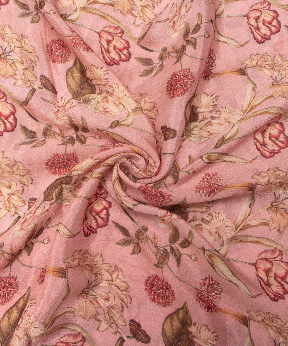 Tan Colour Digital Floral Print Viscose Chinon Silk Fabric