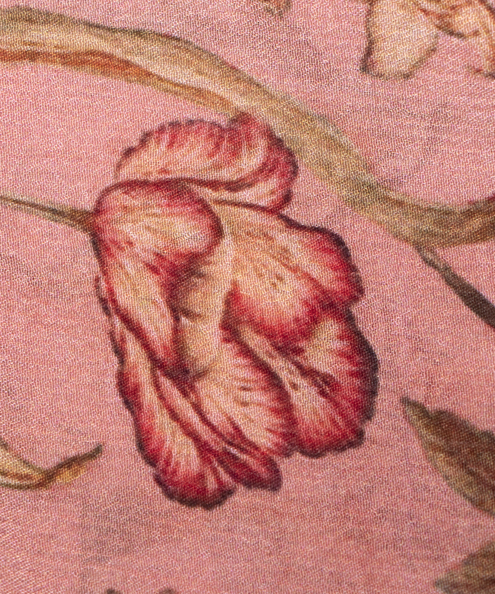 Tan Colour Digital Floral Print Viscose Chinon Silk Fabric