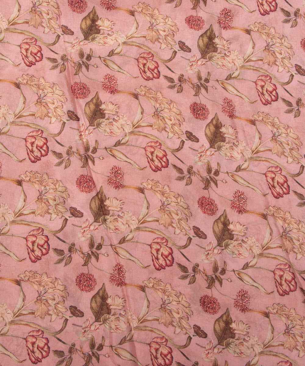Tan Colour Digital Floral Print Viscose Chinon Silk Fabric