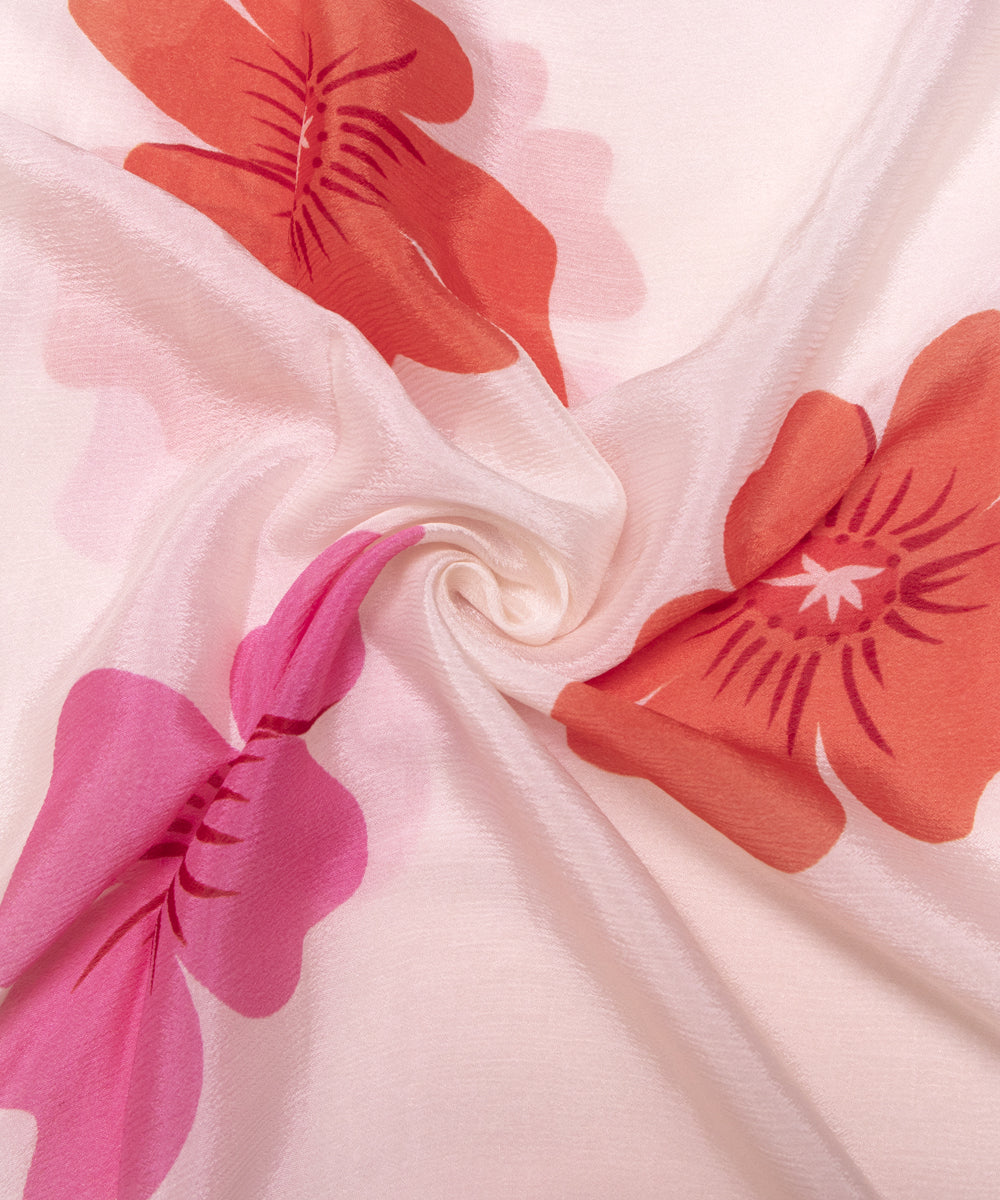 Cream Colour Digital Floral Print Viscose Chinon Silk Fabric