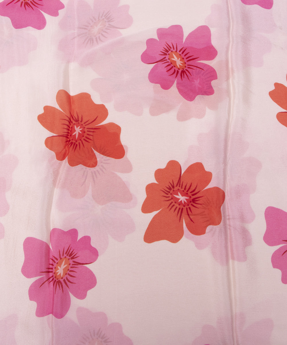 Cream Colour Digital Floral Print Viscose Chinon Silk Fabric
