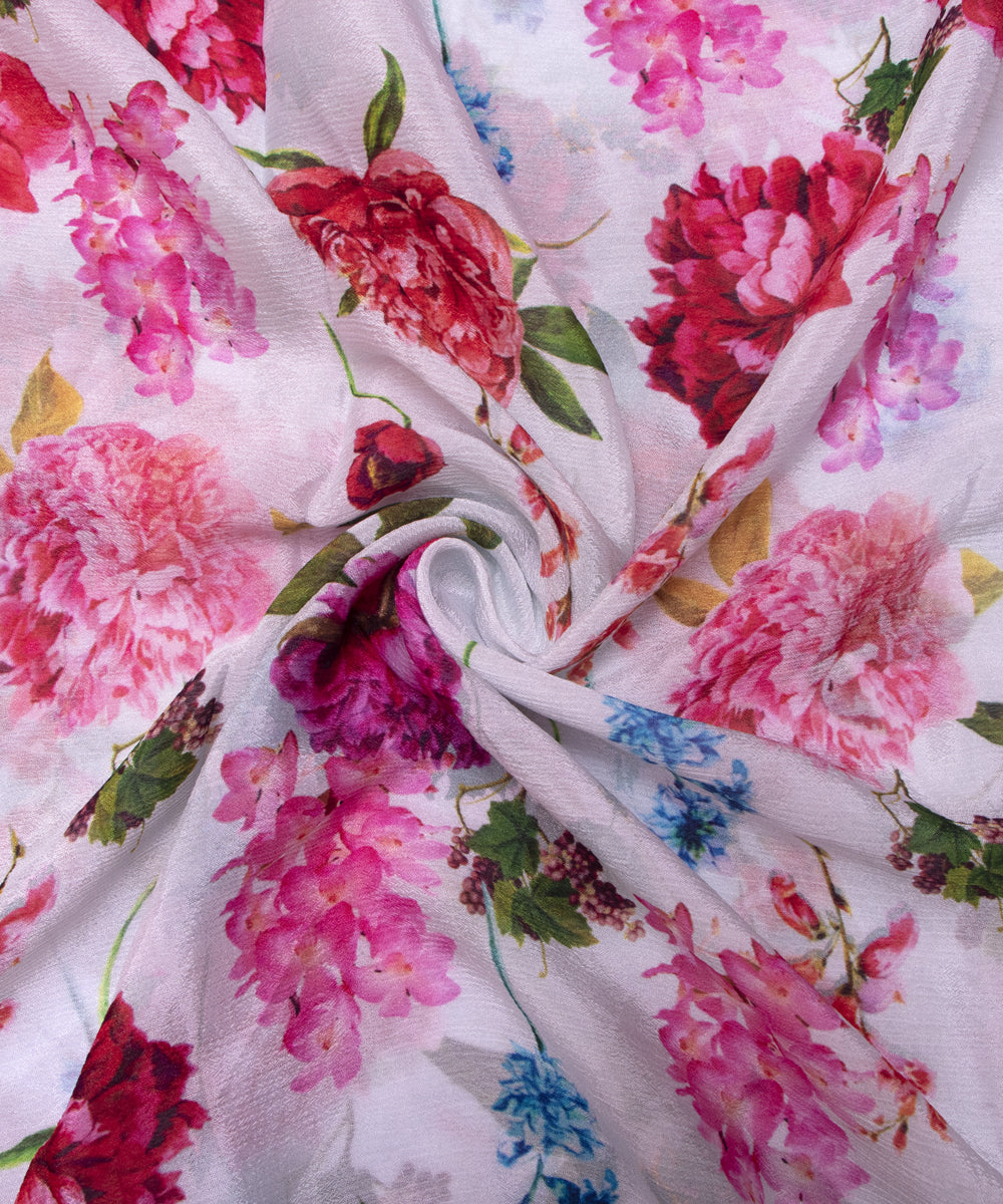 White Colour Digital Floral Print Viscose Chinon Silk Fabric