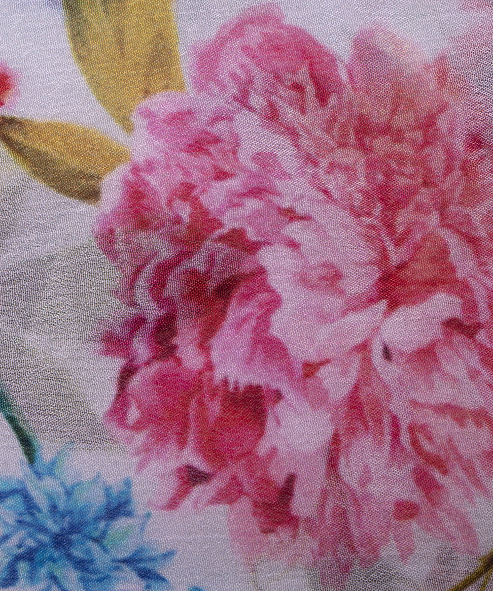 White Colour Digital Floral Print Viscose Chinon Silk Fabric