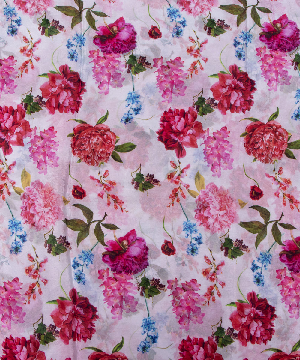 White Colour Digital Floral Print Viscose Chinon Silk Fabric