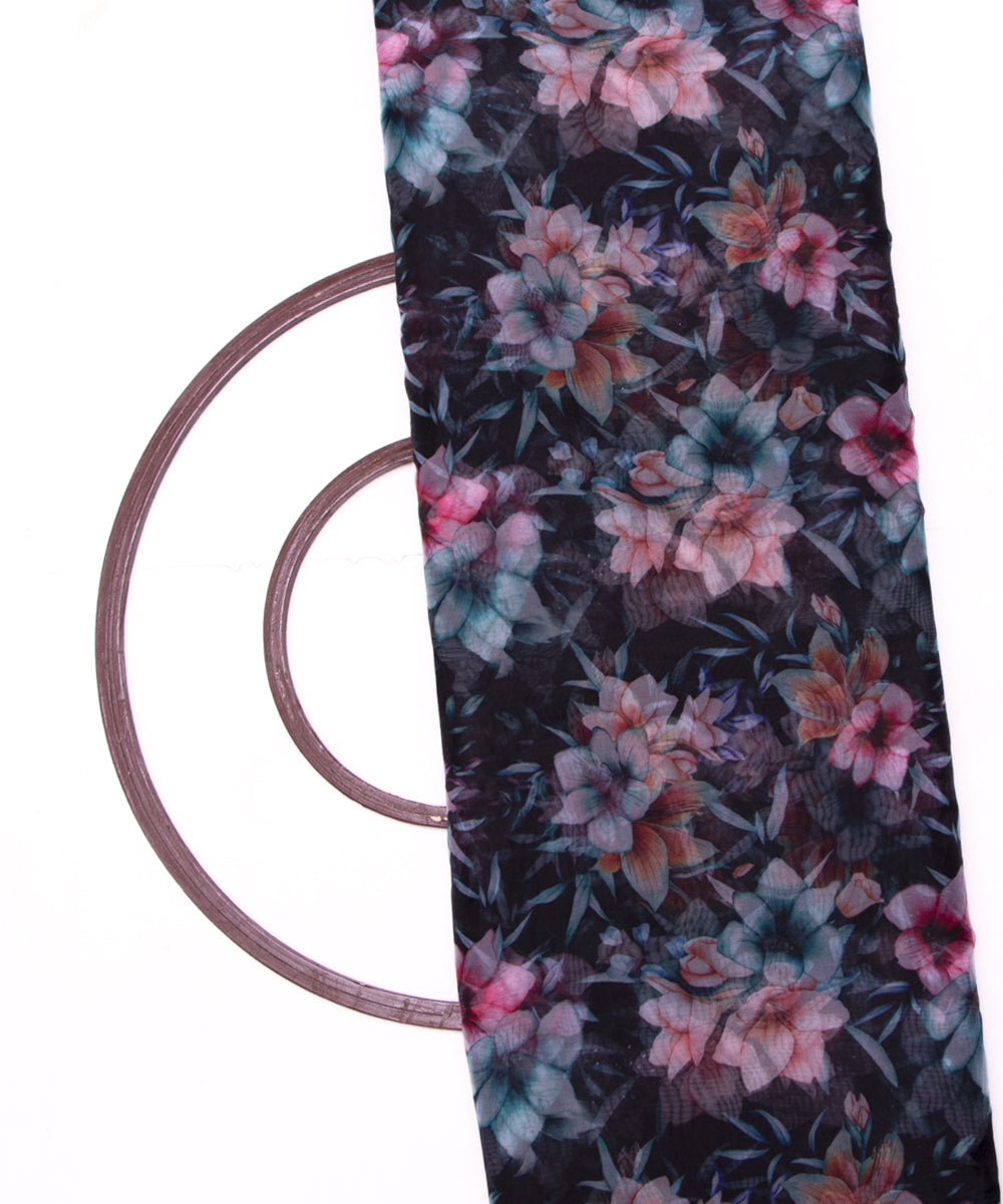 Black Colour Floral Print Organza Fabric