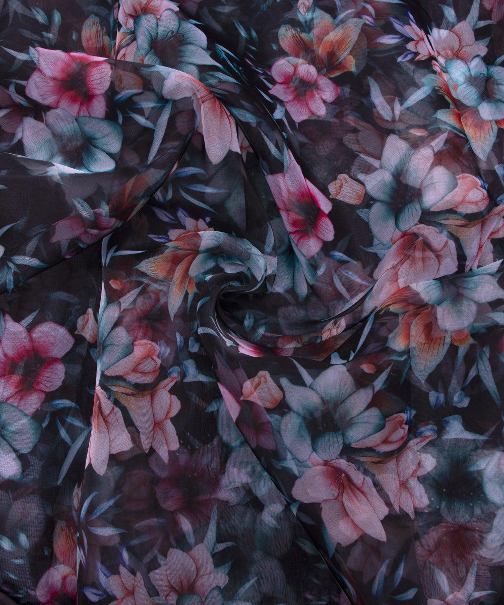 Black Colour Floral Print Organza Fabric