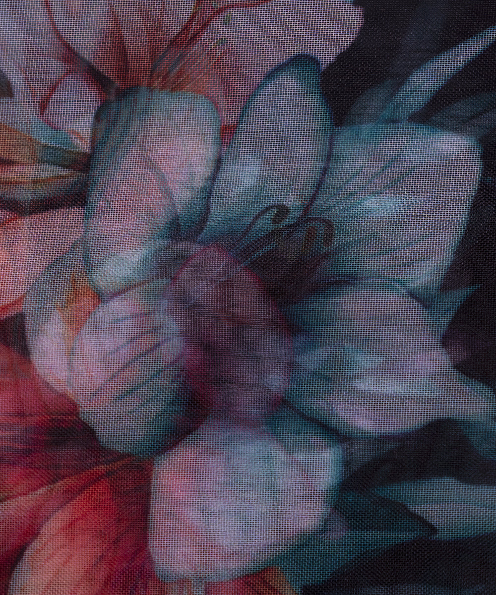 Black Colour Floral Print Organza Fabric