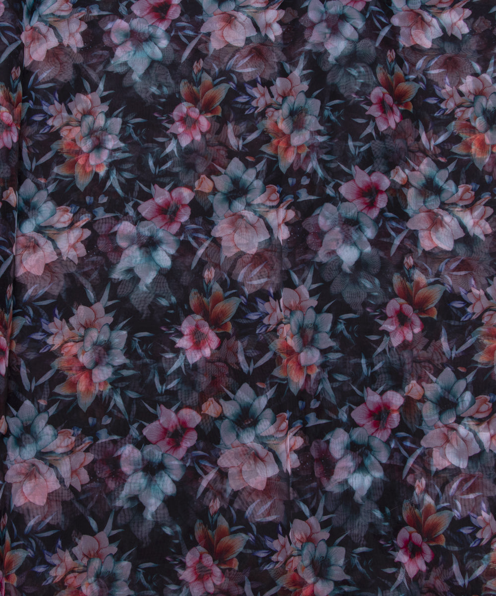 Black Colour Floral Print Organza Fabric