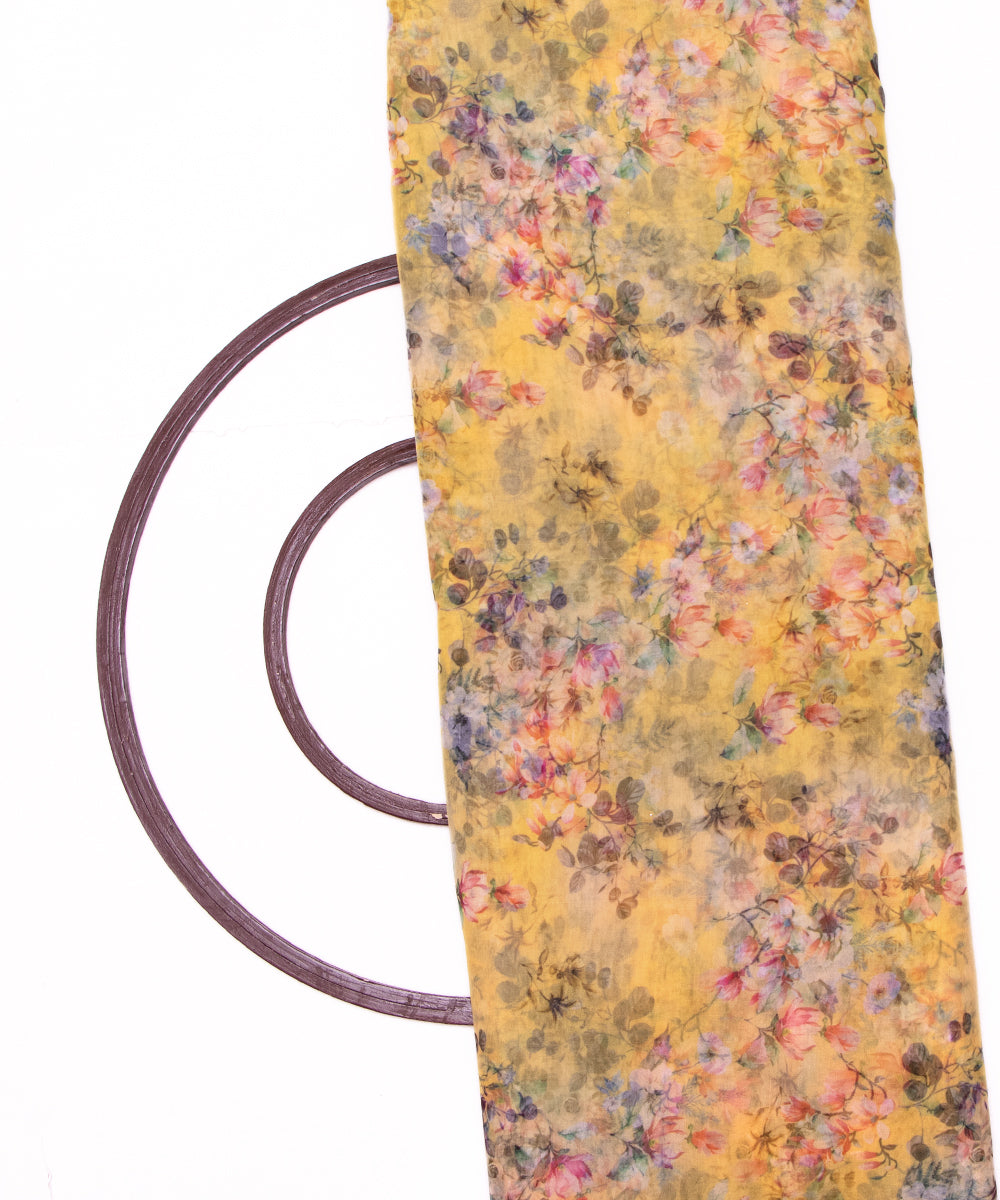 Yellow Colour Floral Print Organza Fabric