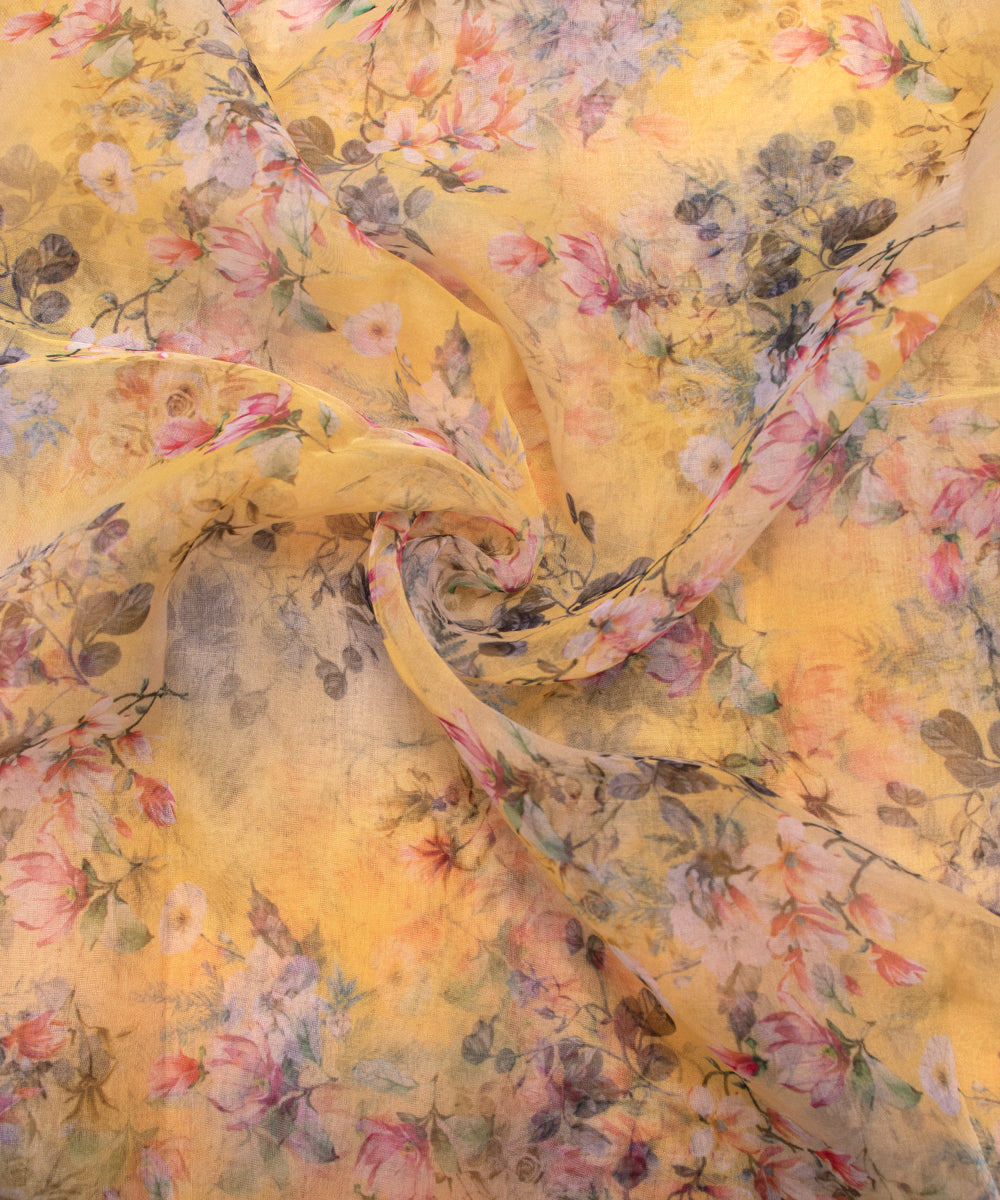 Yellow Colour Floral Print Organza Fabric