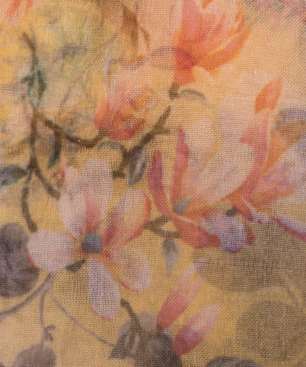 Yellow Colour Floral Print Organza Fabric