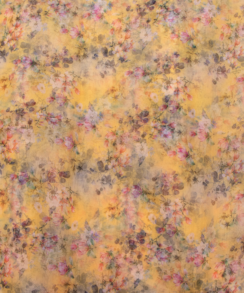 Yellow Colour Floral Print Organza Fabric