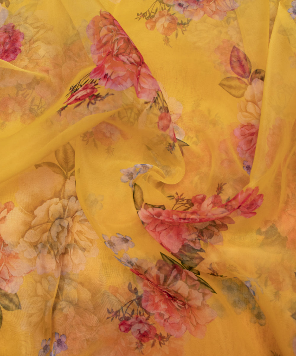 Yellow Colour Floral Print Organza Fabric