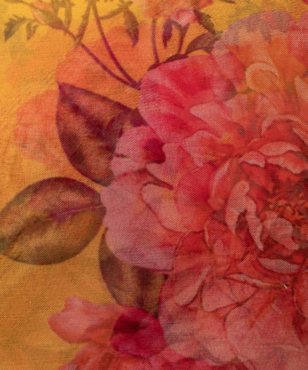 Yellow Colour Floral Print Organza Fabric