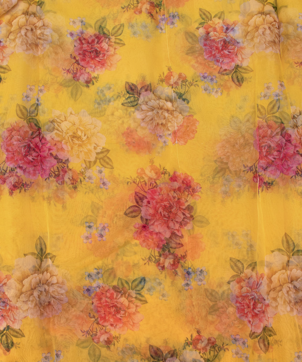 Yellow Colour Floral Print Organza Fabric