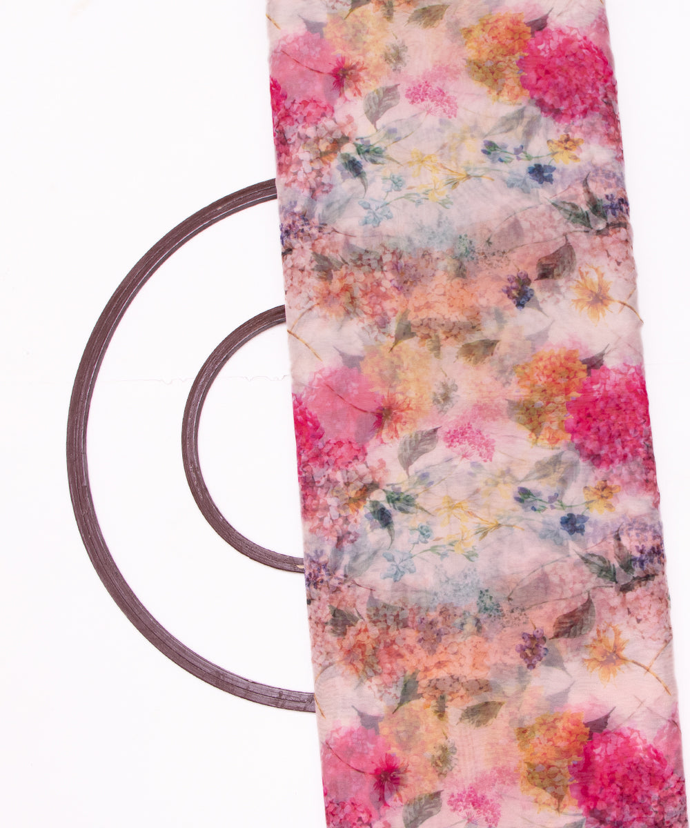 White Colour Floral Print Organza Fabric